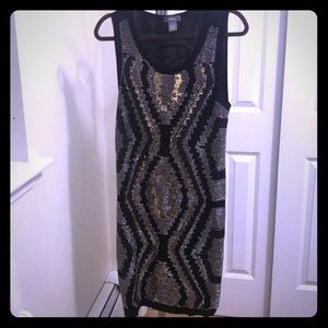 Black strapless dress, gold sequins, silver beads